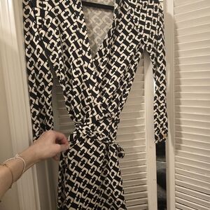 Diane Von Furstenberg Black and Cream Geometric Wrap Dress